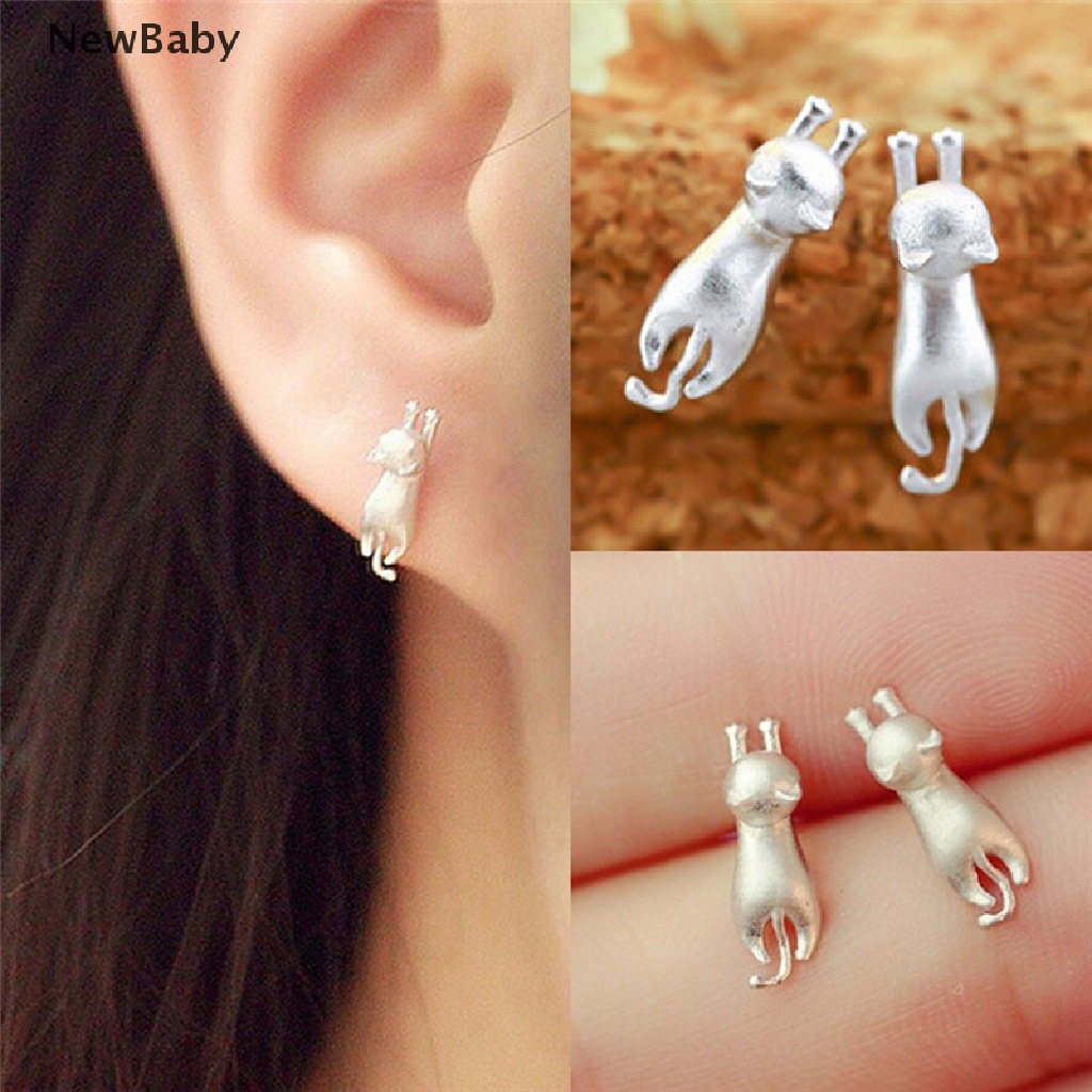 Anting Stud Desain Kucing Kecil Lapis Perak