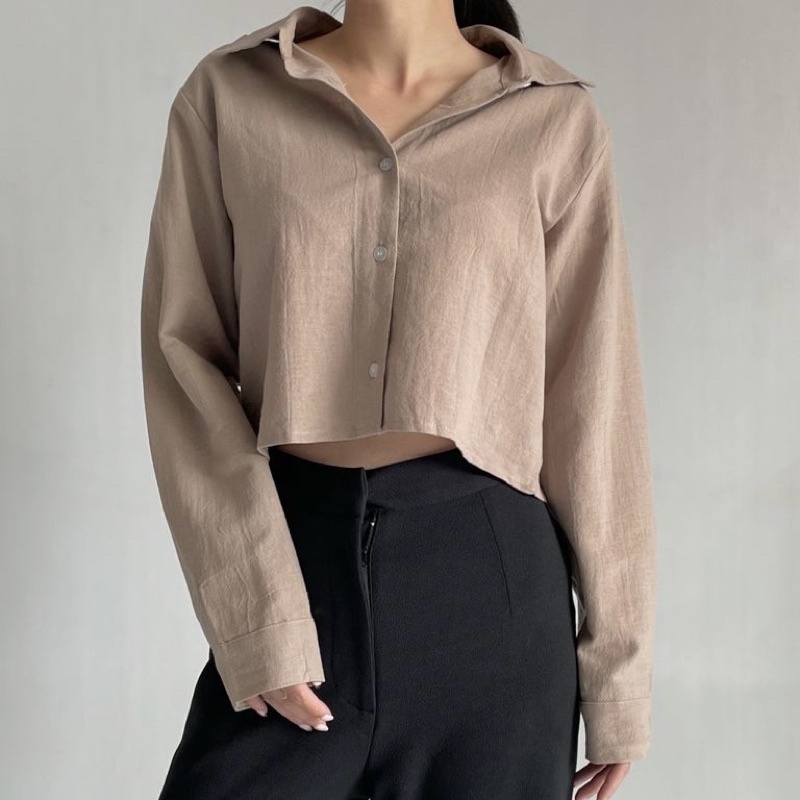 Ceya Top | Kemeja Crop Linen Lengan Panjang | Outer Crop Linen - Atasan Wanita 993-Coffee