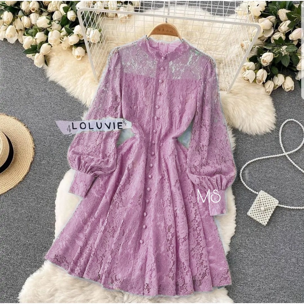 DRESS LOLUVIE BRUKAT FASHION PAKAIAN WANITA DRESS BRUKAT LAPIS FURING MS ADA VIDEO REAL PIC