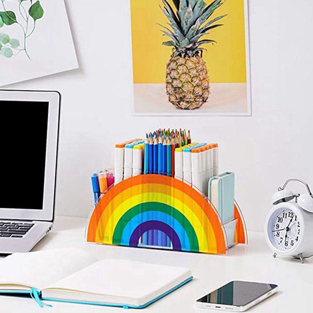 Lanfy Tempat Pulpen Kantor Sekolah Rainbow Acrylic 5kompartemen Rak Kuas Makeup