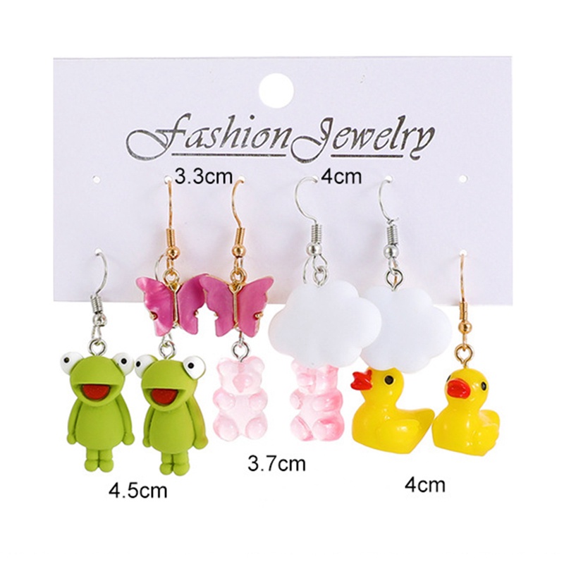 5 Pasang / Set Anting Tusuk Gantung Desain Hewan Katak / Bebek / Awan / Gummy Bear / Geometri Untuk Wanita