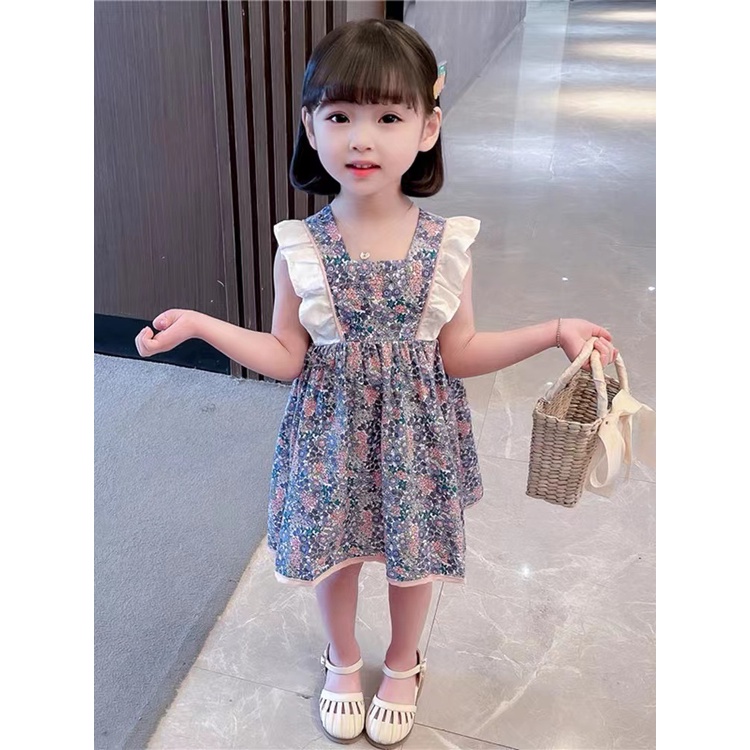 DRESS ANAK [KUALITAS IMPOR] GAUN BAYI MOTIF BUNGA BIRU PITA PINK