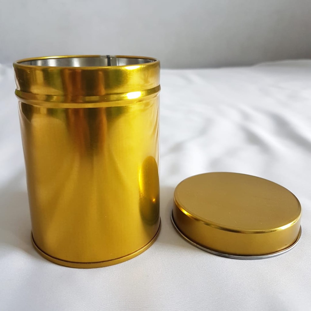 Kaleng Tabung Bulat Ukuran  7.5 cm x 15 cm warna Emas Souvenir Hampers Coklat Cookies