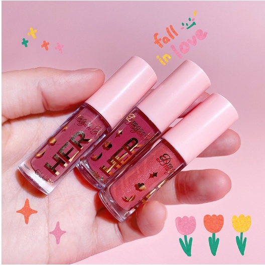 LIP GLOSS MOISTURIZING HER Lip Glow Glitter Lipstik Liquid Cair 8 Warna Waterproof