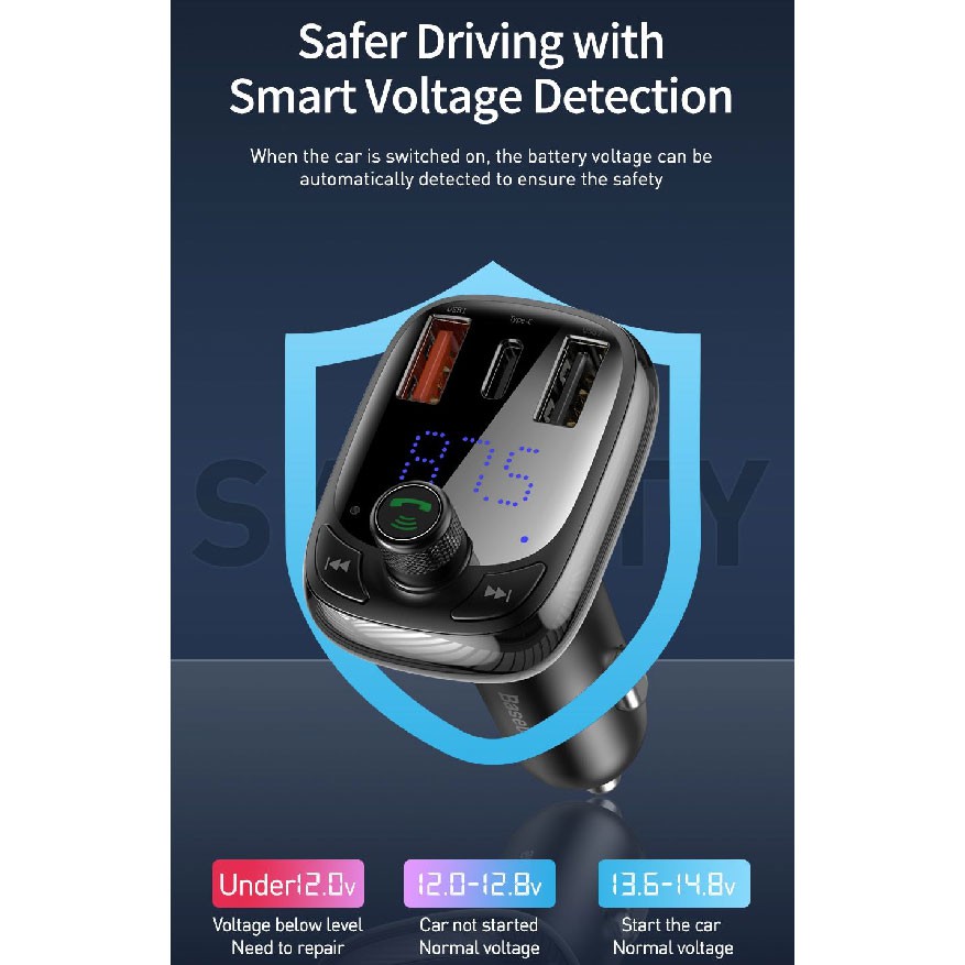 Baseus Car Bluetooth 5.0 FM Audio Transmitter with 3 USB Port + TF Card Slot - CCTM-B01 - Black