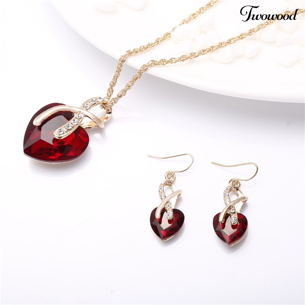 1 Set Kalung Anting Liontin Hati Kristal Tiruan Tahan Lama Untuk Perhiasan Pernikahan Wanita