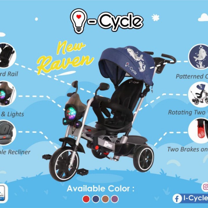 Sepeda Anak Stroller Roda 3 Besi Icycle TC-1903 Raven Musik Tudung Murah BDG
