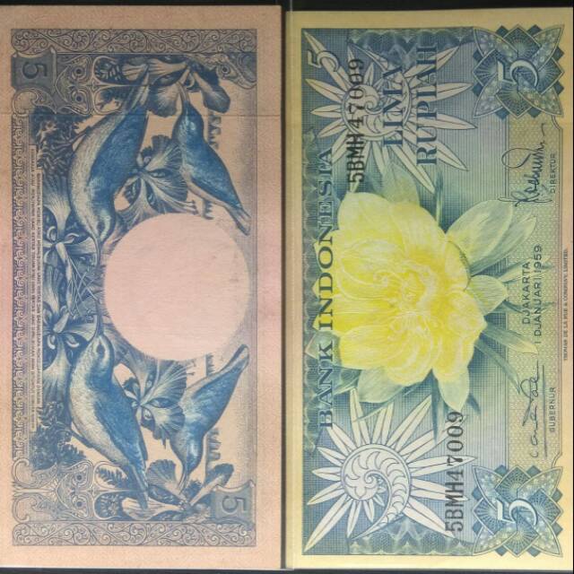 UANG KERTAS KUNO 5 RP BUNGA TAHUN 1959