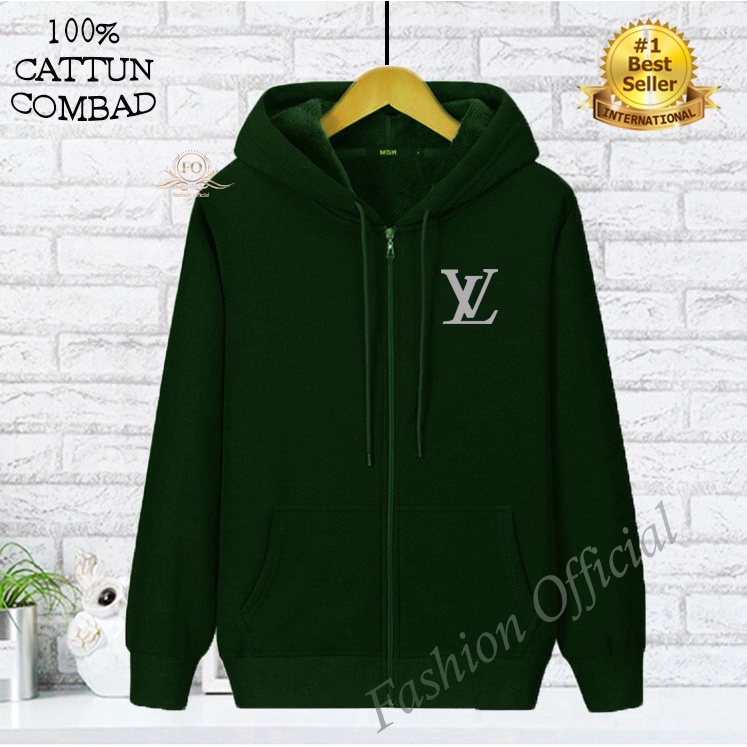 COD Jaket Sweater Hoodie Resleting Zipper LV Print Silver Premium Quality Bahan Fleece Tebal Pria & 