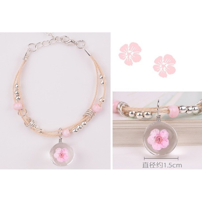 Gelang Wanita Tali Kepang yang Dapat Disesuaikan Bunga Sakura Liontin Gelang Dekorasi Fashion Pasangan Bracelets Hadiah Ulang Tahun Pacar-1
