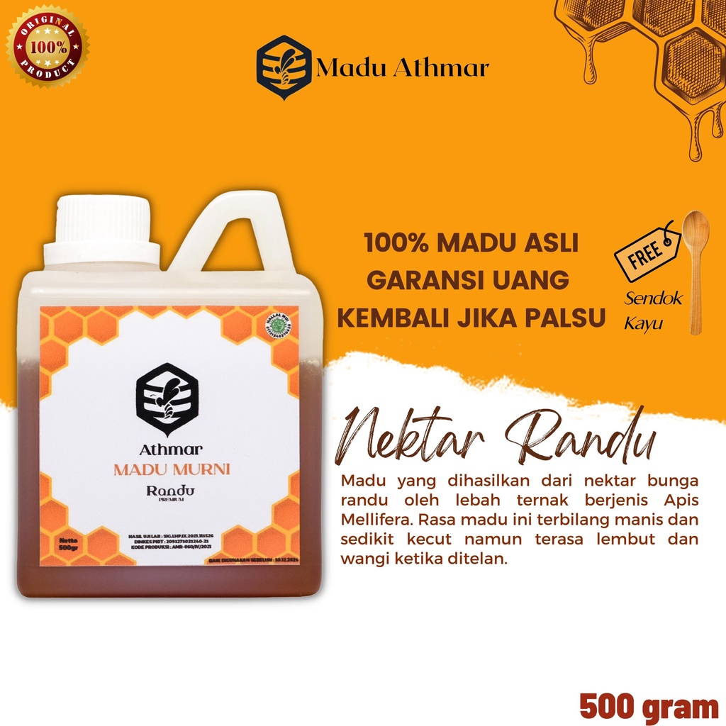 

Madu Murni Asli 100 % - Athmar Nektar Randu 500gram Alami Pure Natural Raw Honey