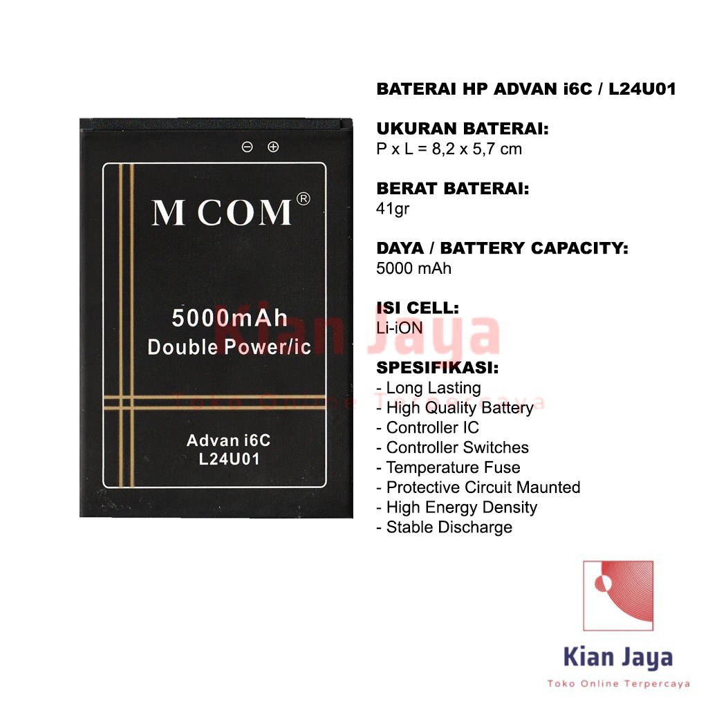MCOM Baterai Hp Advan i6C / L24U01 Original Double Power Batre Batrai Battery Ori