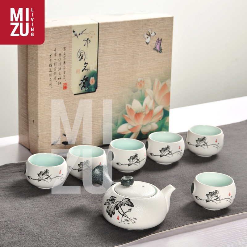 LOTUS Classic Chinese Tea Pot SET 6 Cups Textured Ceramic With Gift Box Teko 6 Cangkir Teh Keramik