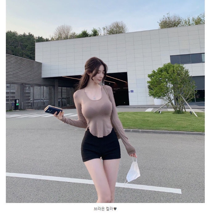 #Sisjuly# T-shirt hem melengkung U-neck besar kemeja bottoming lengan panjang kurus