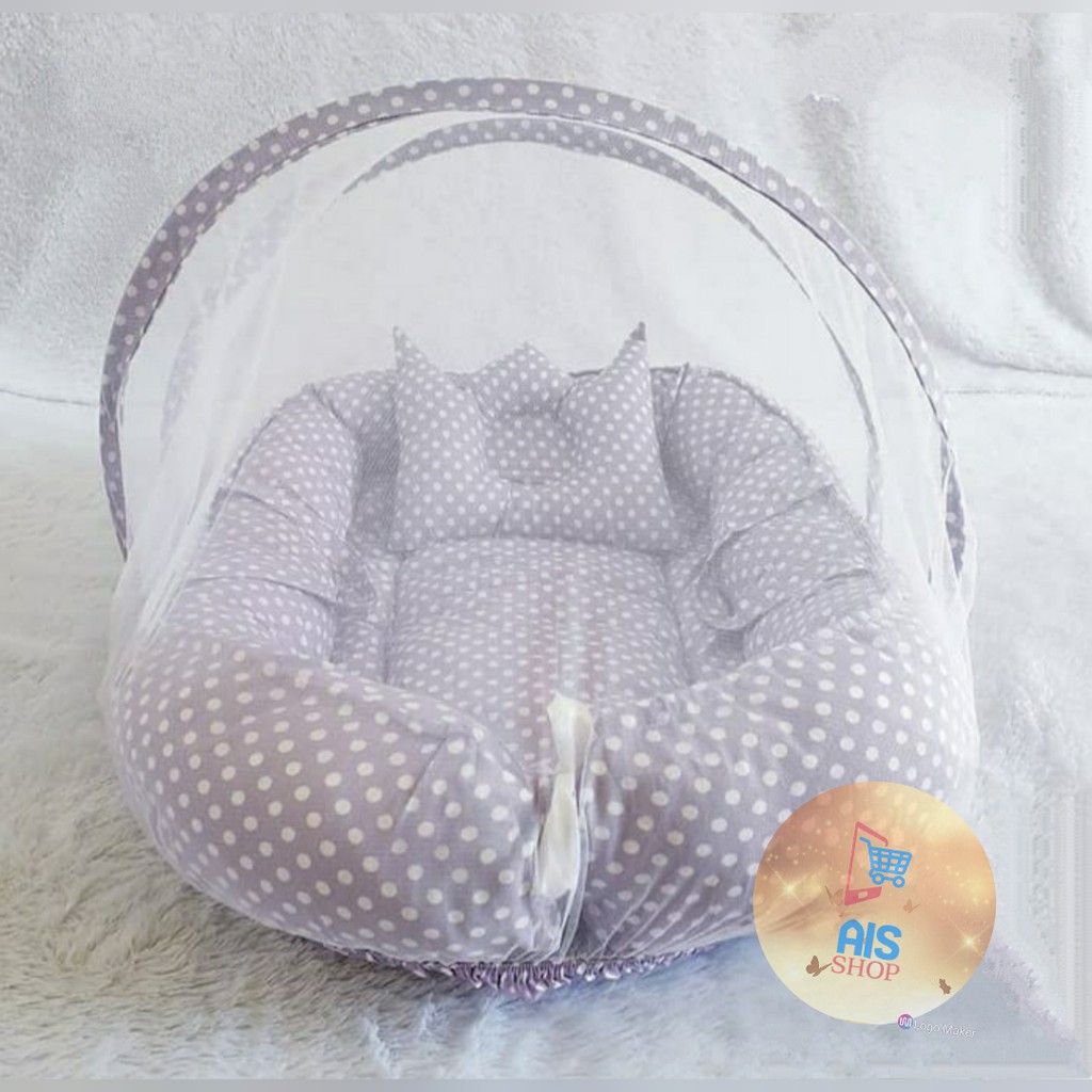 Kasur Bayi Kelambu Model Perahu Motif Full Polkadot Ungu