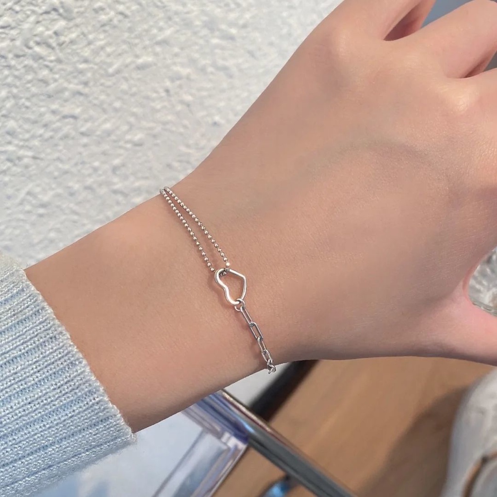 Gelang Rantai Bahan S925 Silver Double Layer Bentuk Hati Gaya Korea Untuk Wanita