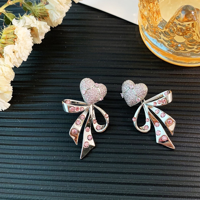 Anting Tusuk Berlian Imitasi Model Pita Warna Pink Untuk Wanita