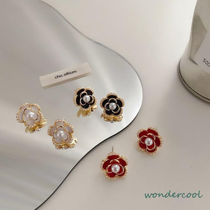 Anting Stud Silver Needle Bentuk Bunga Camellia Gaya Vintage -Won