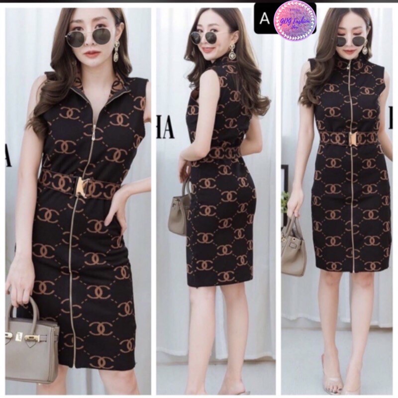 Baju Tanpa Lengan pakaian Formal Wanita Dress Bodycon Dress Rajut Import A1074 Full Print LV