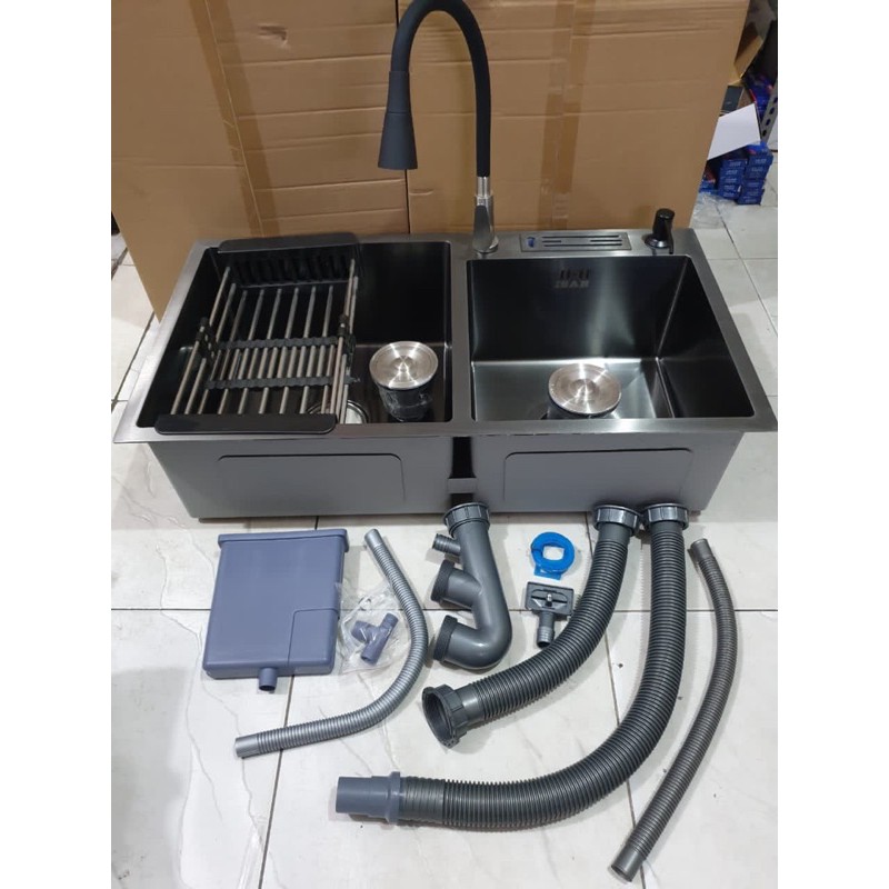 KITCHEN SINK BLACK HITAM / bak cuci piring 2 lubang stainless SUS304 tebal 3mm 82X45 ANTI KARAT