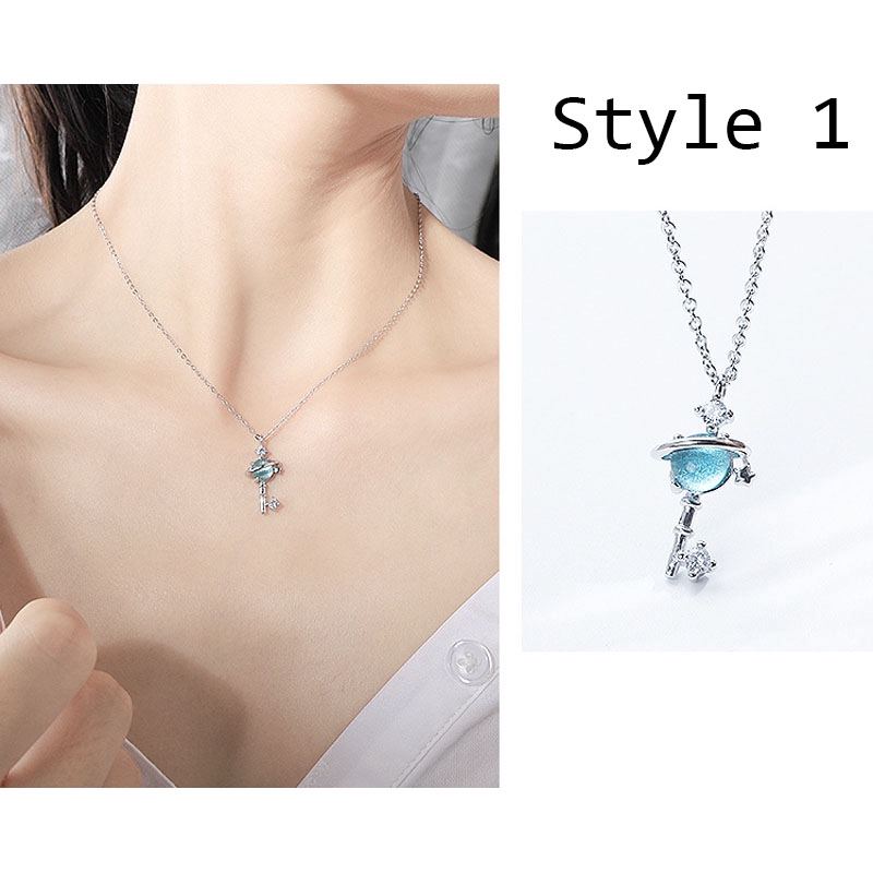 Kalung Fashion Chain Necklace Blue Crystal Planet Sapphire Clavicle Pendant Necklace Fashion Jewelry