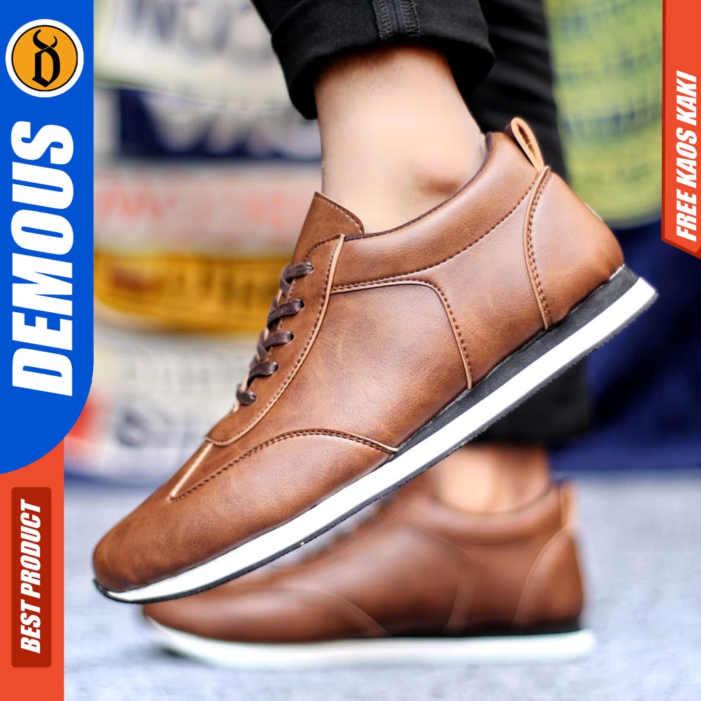 Sepatu Casual Pria Sneakers Hitam Kasual Kulit Pu Kekinian Kerja Kuliah Kantor Fashion Shoes Terbaru DEMOUS RONERO