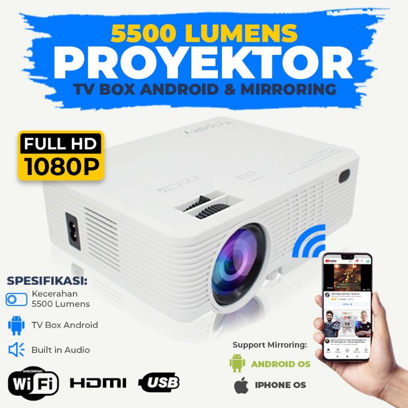 Proyektor Android & Mirroring Miracast - 5500 Lumens FullHD 1080p HDMI, VGA, USB, Audio