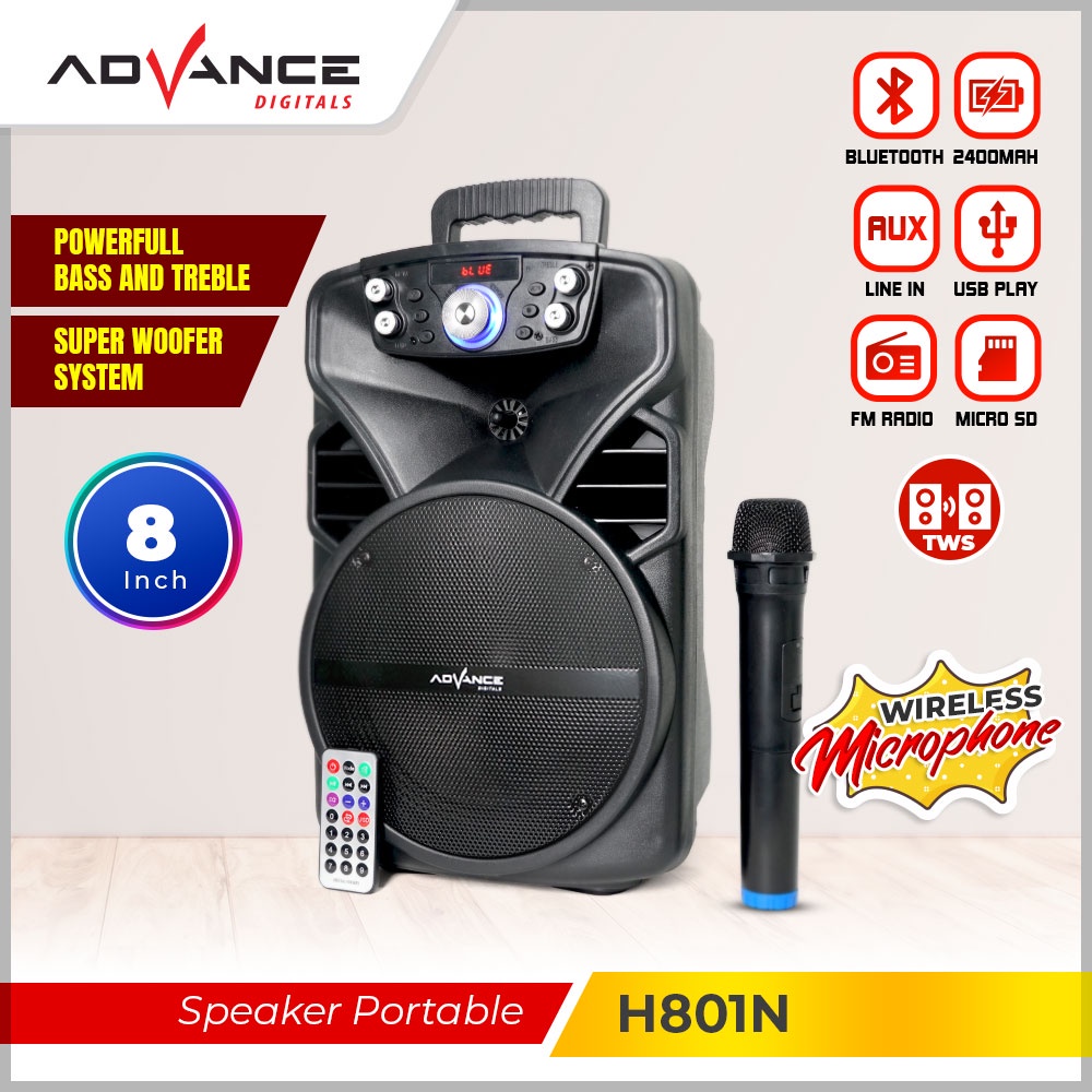 【FREE MIC】ADVANCE 8 inchs Wireless Bluebooth Speaker Portable 2400mah FM Radio Xtra Power Sound H801N Mic Speaker Meeting