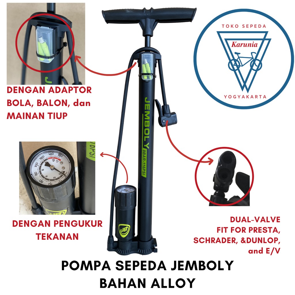 Pompa Sepeda Jemboly Alloy / Allumunium Dengan Indikator Tekanan Angin Ban Pompa Lantai Pompa Angin 