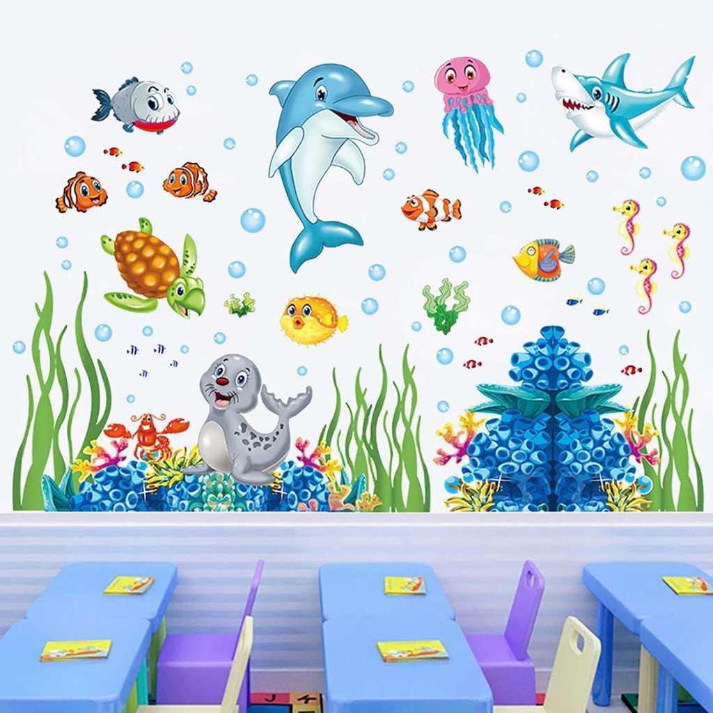 R-flower The Underwater World Wall Sticker Murals Art Rumput Laut Rumah Kamar Mandi Ruang Kantor Hippocampus