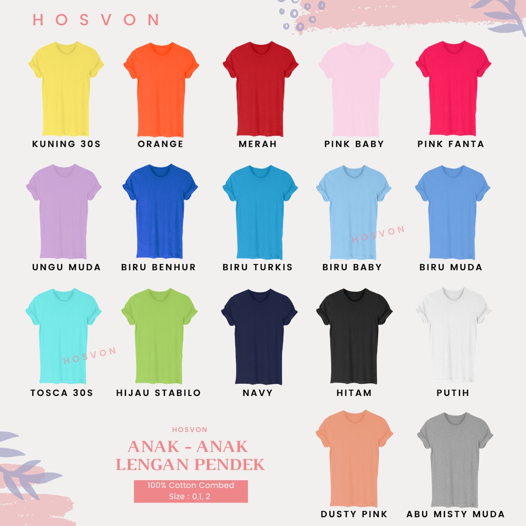 Hosvon Kaos Polos Anak  COTTON COMBED Size 0-1-2 ( PRIA &amp; WANITA )