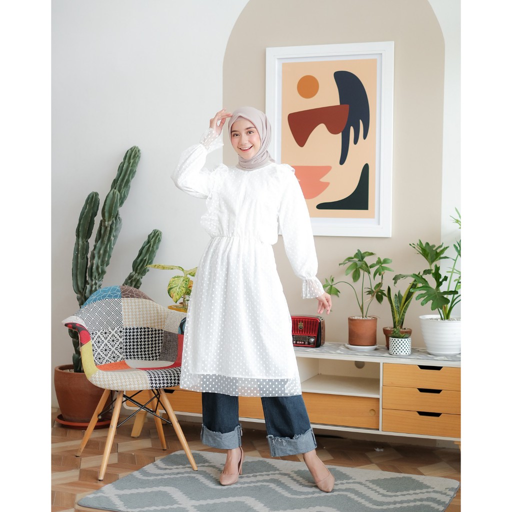 Isabella Tunik Fashion Busana Wanita Tile Polkadot Populer Grosir