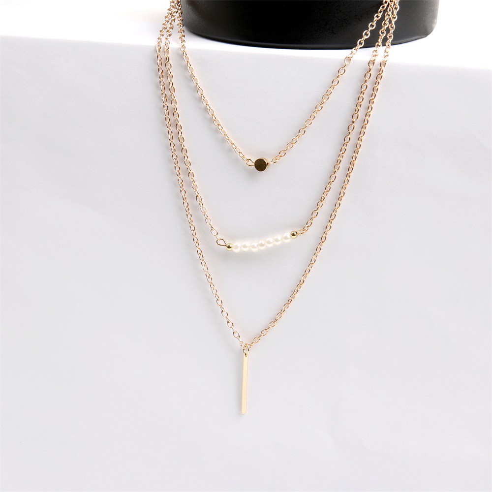Kalung Mutiara Korea Multilayer Liontin Bulat dan Stick Vertical Vintage Hijab Dalika