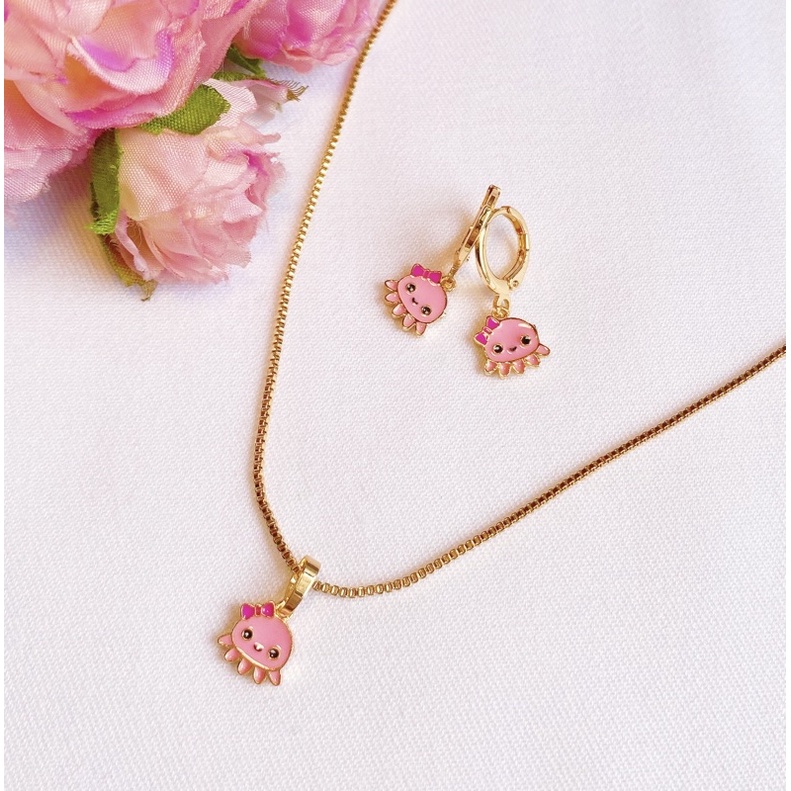 Set Perhiasan Anak Cute Pink Squid ( Kalung + Sepasang Anting)