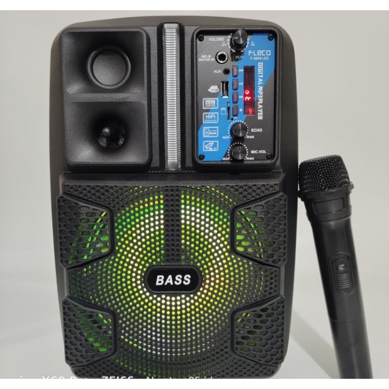 Speaker Bluetooth FLECO X-BASS F-8809LED 8,5 Inchi Free Tripod Dan Microphone Wireless Karaoke Remot Control Salon Aktif Portable Radio Fm