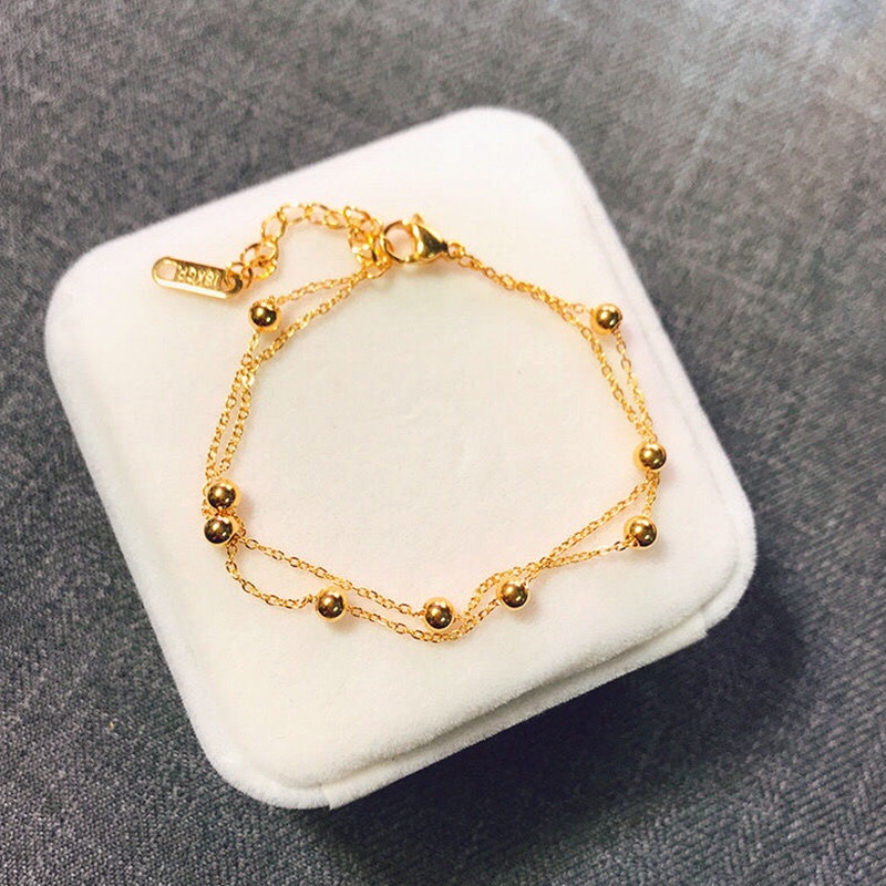 Gelang Titanium 2 Layer Manik Emas 18K Cantik Anti Karat Perhiasan Wanita Korea