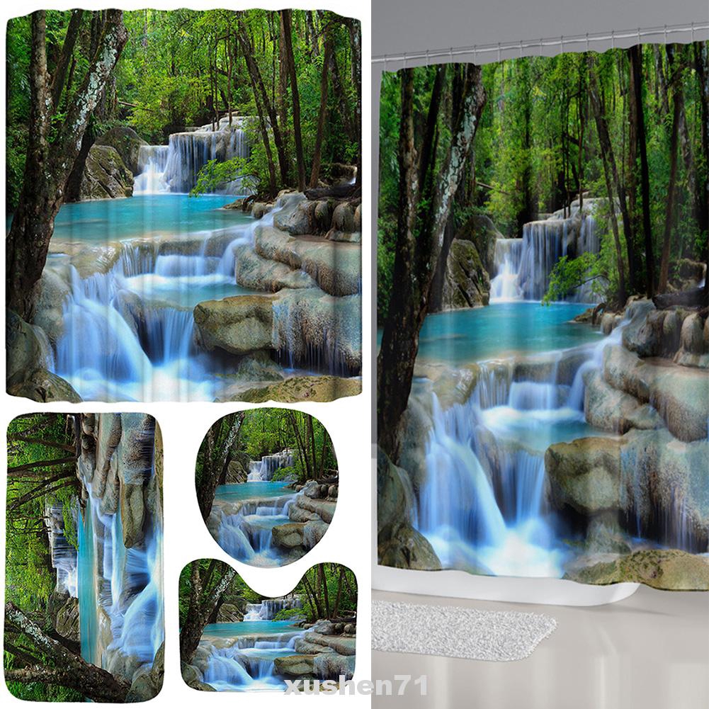 4pcs Home Decor With Hooks Privacy Protection 3d Printed Bath Mats Non Slip Shower Curtain Set Shopee Indonesia