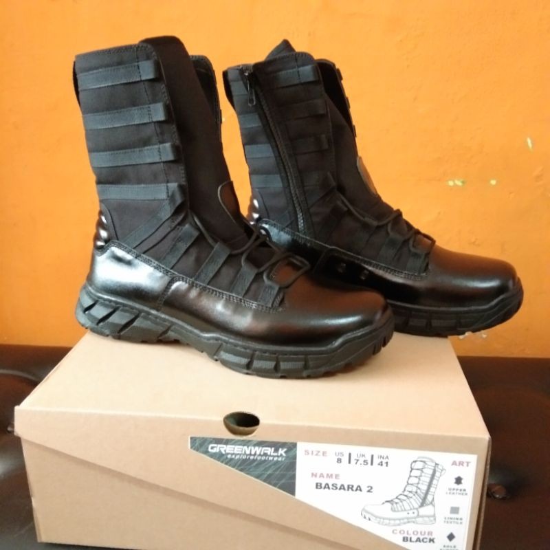 Sepatu pdl Greenwalk kulit TNIPOLRI model ninja hitam terbaru