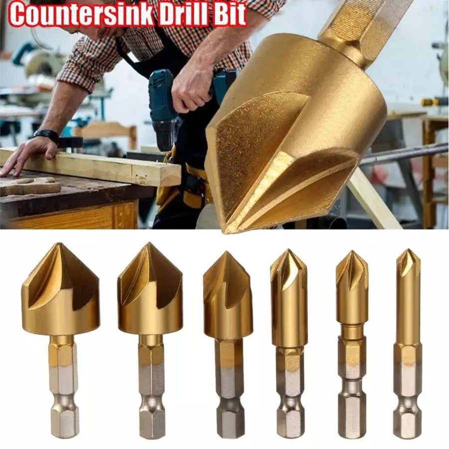 Mata Bor Countersink Set 6 pcs HSS Gold Drill Bit Countershink 6-19mm 1/4 Hex Bit Chamfer Plat Kayu