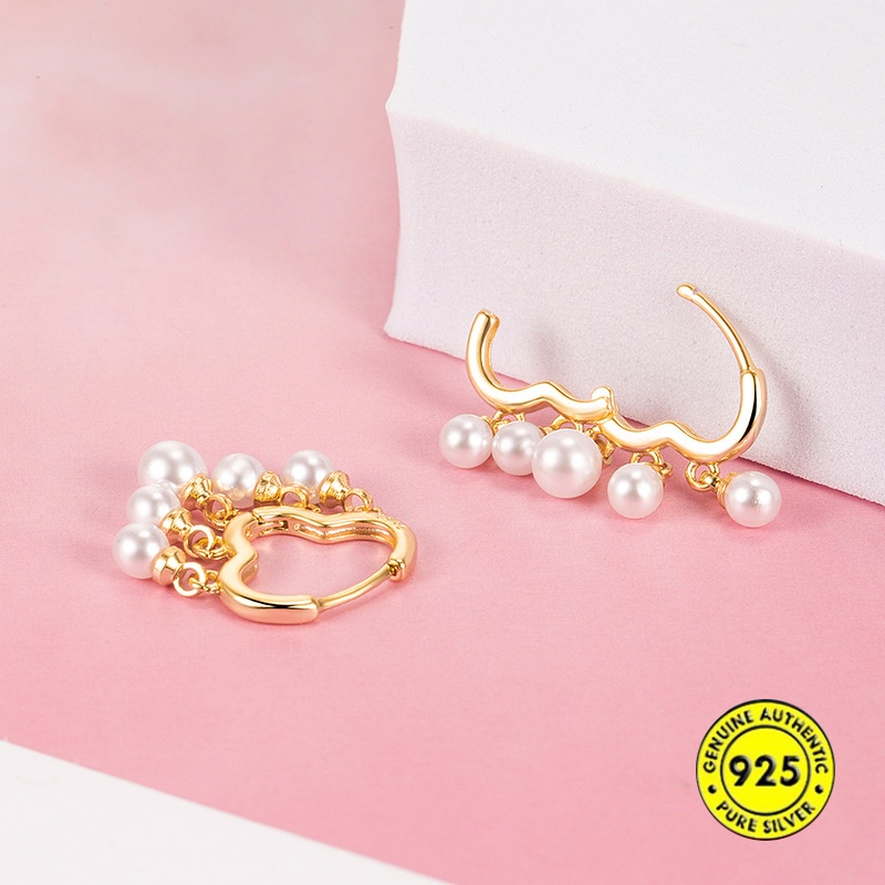 Anting Klip Telinga Lapis Emas 18K Hias Liontin Rumbai Mutiara Bahan Sterling Silver Anti Karat