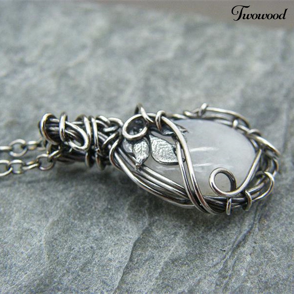 Twowood Clavicle Necklace Extension Chain Leaf Print Fine Workmanship Faux Moonstone Pendant Charm Necklace for Women