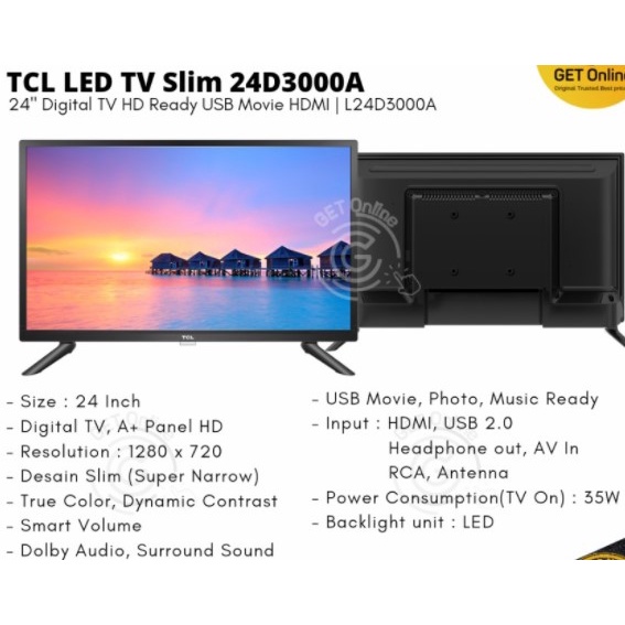 TCL LED Digital TV 24&quot; DVB-T2 HDMI USB Movie 24D3000A 24D3000 LED TV