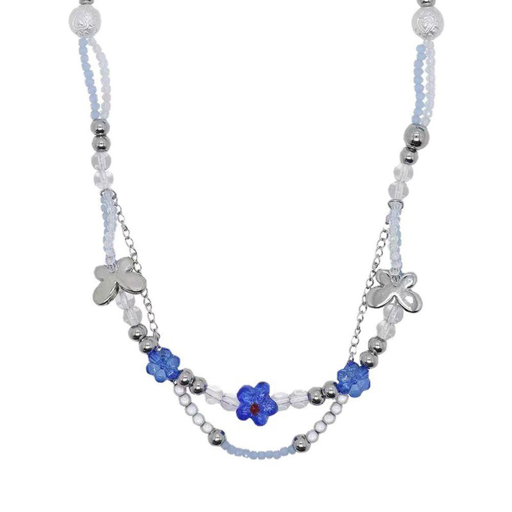 Mxbeauty Kalung Wanita Untuk Anak Perempuan Vintage Biru Liontin Manik-Manik Double Layer Leher Perhiasan