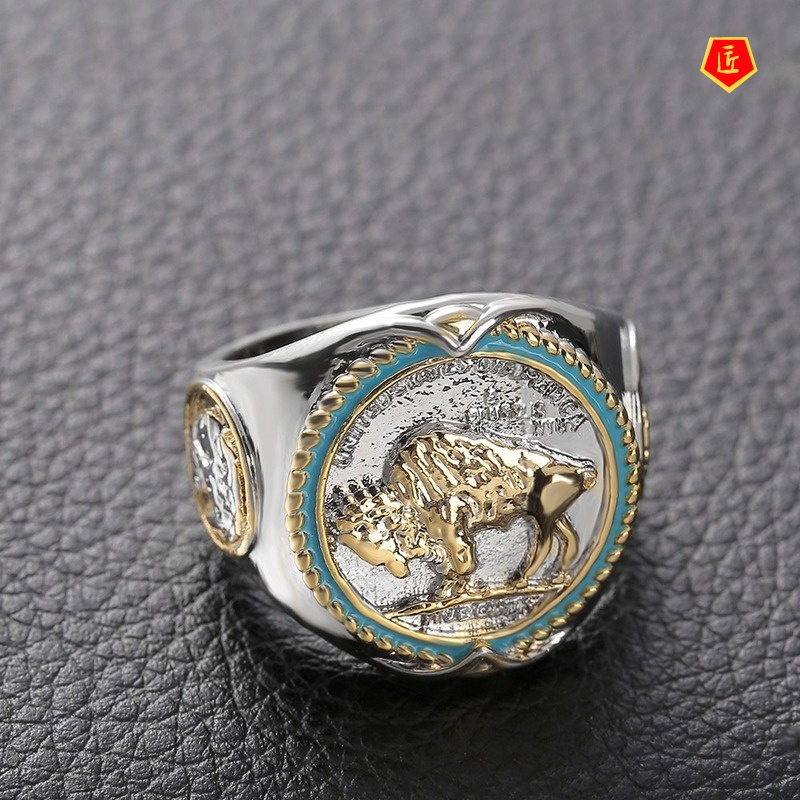 [Ready Stock]Retro Personality Commemorative Coin Two-Tone Ring for Men