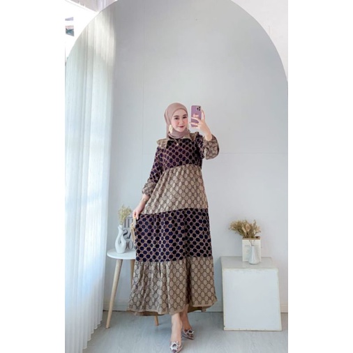 COD - Asmiranda Maxy Gamis Muslim Aurora Dress Shakila Aksen Renda Import Ld  110 Fit XL-Hitam&Coklat
