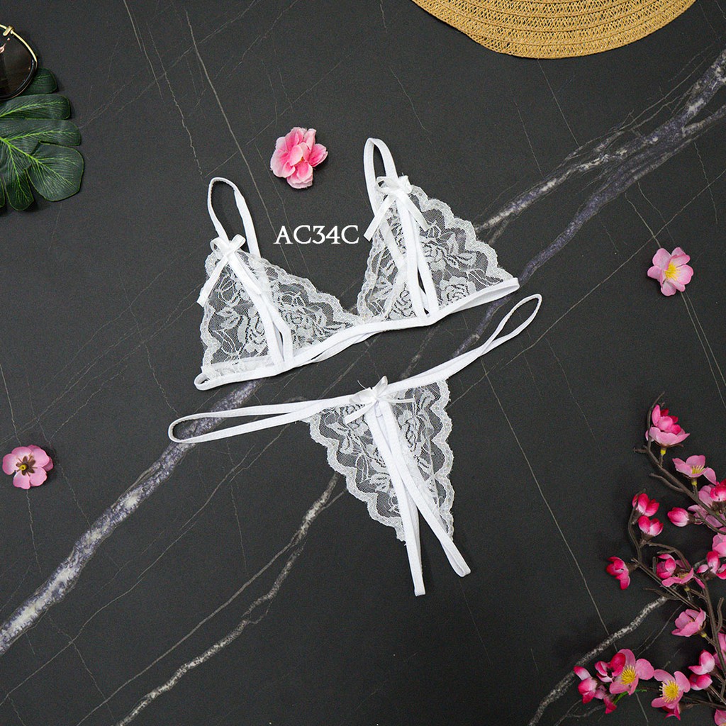 [BISA COD] UNDERWEAR WANITA BRA G STRING + STOCKING SEXY LACE PUTIH AC34C