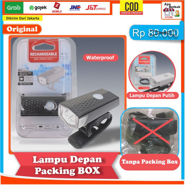 Lampu Depan Sepeda CREE LED 300LM Rechargeable charger Anti Air Murah Ori packing box JAKARTA