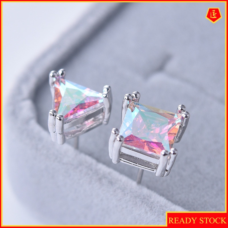 [Ready Stock]Simple Colorful Square Gem Four-Claw Stud Earrings