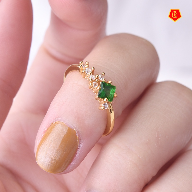 [Ready Stock]Simple Elegant 14K Gold Exquisite Green Square Rhinestone Ring