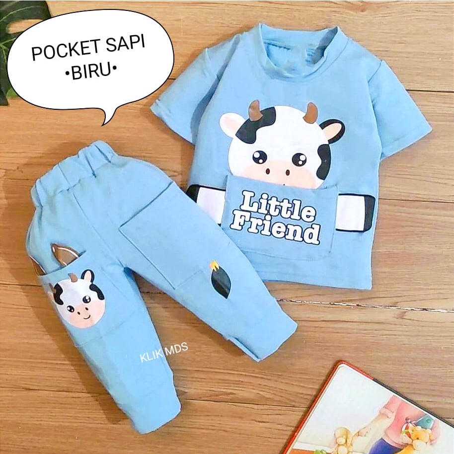 Setelan Anak Laki - Laki / Baju Bayi Cowok usia 3 bulan - 3 tahun Lengan Pendek Dan Celana Panjang Ada Kantong Motif Little Giraffe